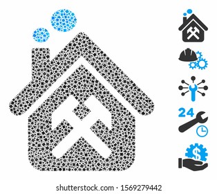 Workshop icon mosaic of tuberous parts in various sizes and color tinges, based on workshop icon. Vector ragged parts are composed into mosaic. Workshop icons collage with dotted pattern.