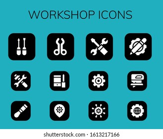 workshop icon set. 12 filled workshop icons.  Simple modern icons such as: Screwdriver, Tools, Chisel, Tool, Configuration, Settings, Fretsaw