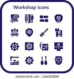  workshop icon set. 16 filled workshop icons. Simple modern icons about  - Fretsaw, Tools, Settings, Artboard, Screwdriver, Wrench, Welder, Adze