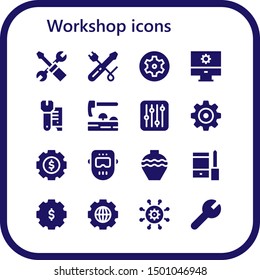 workshop icon set. 16 filled workshop icons.  Collection Of - Settings, Screwdriver, Wrench, Adze, Welder, Pottery, Configuration svg