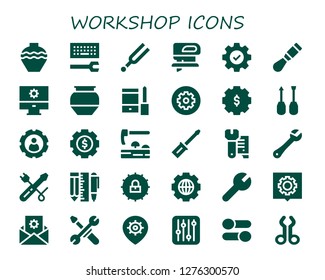 workshop icon set. 30 filled workshop icons. Simple modern icons about  - Pottery, Configuration, Tuning, Fretsaw, Settings, Chisel, Screwdriver, Adze, Wrench, Tools, Tool svg