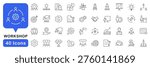 Workshop icon set. Business workshop icons in line style. Editable web icons for teamwork, meeting, training, coaching, collaboration and education. Vector illustration.