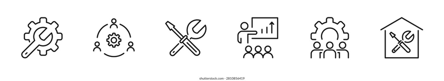 Workshop icon set. Business workshop icons in line style. Editable web icons for teamwork, meeting, training, coaching, collaboration and education. Vector illustration.