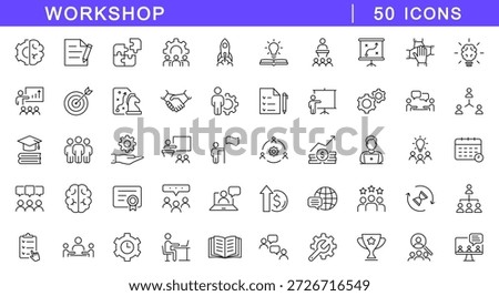 Workshop icon set. Business workshop icons in line style. Editable web icons for teamwork, meeting, training, coaching, collaboration and education. Vector illustration.