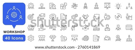 Workshop icon set. Business workshop icons in line style. Editable web icons for teamwork, meeting, training, coaching, collaboration and education. Vector illustration.