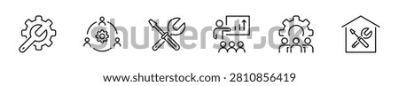 Workshop icon set. Business workshop icons in line style. Editable web icons for teamwork, meeting, training, coaching, collaboration and education. Vector illustration.