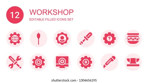 workshop icon set. Collection of 12 filled workshop icons included Settings, Auger, Screwdriver, Tools, Setting, Configuration, Cutter, Pottery, Anvil