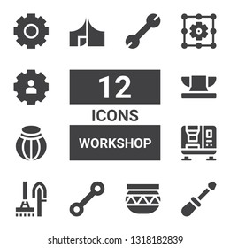workshop icon set. Collection of 12 filled workshop icons included Screwdriver, Pottery, Wrench, Tools, Press machine, Anvil, Tool, Settings