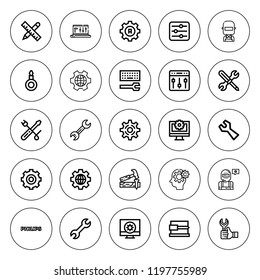 Workshop icon set. collection of 25 outline workshop icons with carpenter, configuration, philips, screwdriver, setting, settings, threader, tools icons. editable icons.