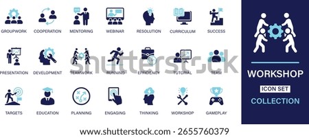 Workshop icon set collection. Groupwork, cooperation, mentoring, webinar, resolution, curriculum, success, presentation, development, teamwork, efficiency. And solid icon set.