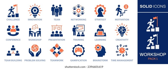 Workshop icon set. Collection of meeting, teamwork, seminar, team building and more. Vector illustration. Easily changes to any color.