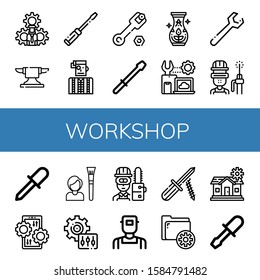 workshop icon set. Collection of Settings, Anvil, Screwdriver, Watchmaker, Wrench, Pottery, Welder, Tool, Setting, Carpenter, Chisel icons