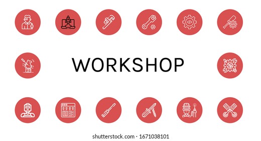 workshop icon set. Collection of Watchmaker, Configuration, Pipe wrench, Wrench, Settings, Welder, Screwdriver, Pistons, Carving, Tool icons