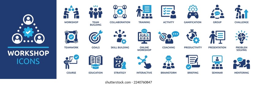 Workshop icon set. Containing team building, collaboration, teamwork, coaching, problem-solving and education icons. Solid icon collection.