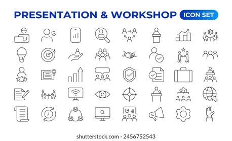 Workshop icon set. Containing team building, collaboration, teamwork, coaching, problem-solving and education icons.Business presentation line icons Presentation, business, seminar, partnership, goals