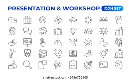 Workshop icon set. Containing team building, collaboration, teamwork, coaching, problem-solving and education icons.Business presentation line icons Presentation, business, seminar, partnership, goals