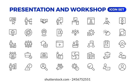 Workshop icon set. Containing team building, collaboration, teamwork, coaching, problem-solving and education icons.Business presentation line icons Presentation, business, seminar, partnership, goals