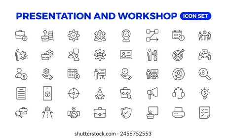 Workshop icon set. Containing team building, collaboration, teamwork, coaching, problem-solving and education icons.Business presentation line icons Presentation, business, seminar, partnership, goals