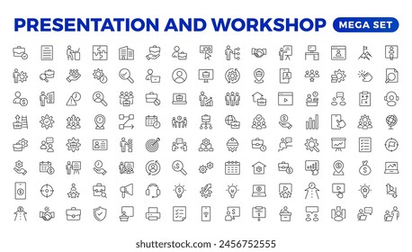 Workshop icon set. Containing team building, collaboration, teamwork, coaching, problem-solving and education icons.Business presentation line icons Presentation, business, seminar, partnership, goals