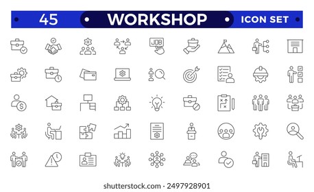 Workshop icon set. Containing team building, collaboration, teamwork, coaching, problem-solving and education icons. Set of line icons related to training, meeting Outline icon collection.
