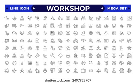 Workshop icon set. Containing team building, collaboration, teamwork, coaching, problem-solving and education icons. Set of line icons related to training, meeting Outline icon collection.
