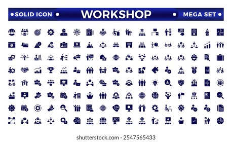 Workshop icon set. Containing team building, collaboration, teamwork, coaching, problem-solving, and education icons. Set of solid icons related to training, mentoring, meeting solid icon collection.