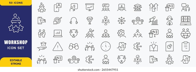 Workshop icon set. Containing team building, collaboration, teamwork, coaching, problem-solving and education icons. vector icon collection