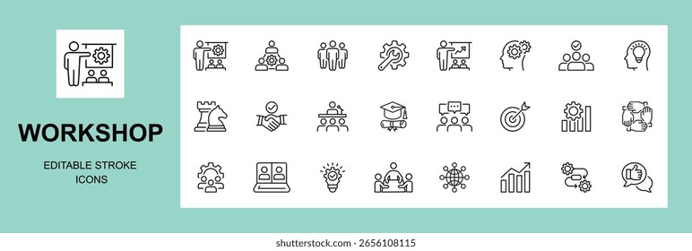 Conjunto de ícones da oficina. Contendo a construção da equipe, trabalho em equipe, treinamento, resolução de problemas, trabalho em equipe, treinamento, reunião, gerenciamento, educação, treinamento, motivação e muito mais, AVC editável. Ilustração vetorial
