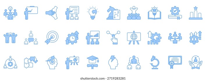 Workshop-Symbolsatz. Enthält Symbole, die für das Unternehmen relevant sind. Konzipiert in Vektor linear blau Stil