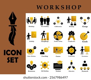 workshop icon set with elegant and professional design in gold and black colors, ideal for company branding or workshop services. etc.