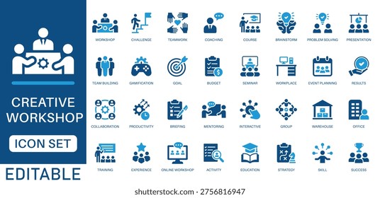 Workshop icon set. featuring team building, collaboration, teamwork, coaching, problem solving, Education, Presentation, Strategy and more icons. perfect for Workshop vector icon collection.