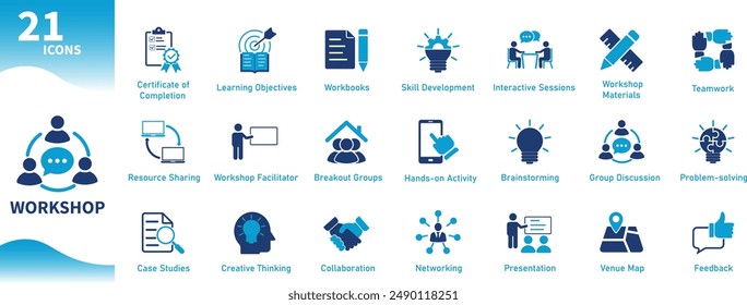 Workshop icon. Set of icons for work, office, group discussion, workbooks, presentation, case studies. Solid vector icon