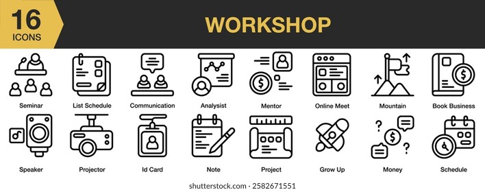 Workshop icon set. Includes mentor, note, schedule, business, seminar, and More. Outline icons vector collection.