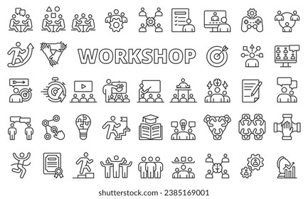 Workshop icon set in line design. Training, Learning, Skills, Education, work, Business vector illustrations. Workshop editable stroke icons.