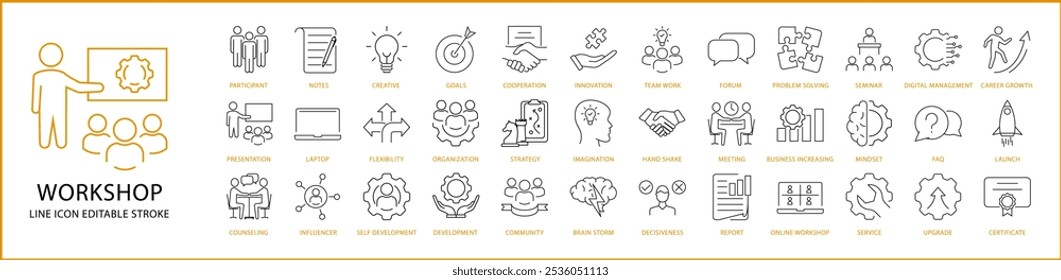 Workshop Icon Set In line Style. Containing conference, team, human, business, teamwork, group, seminar, person, meeting, leadership, presentation, etc. Vector Illustration.