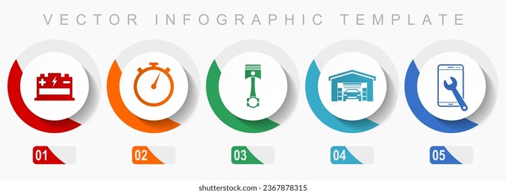 Workshop icon set, miscellaneous icons such as battery, timer, piston, car cleaning and phone service, flat design vector infographic template, web buttons in 5 color options
