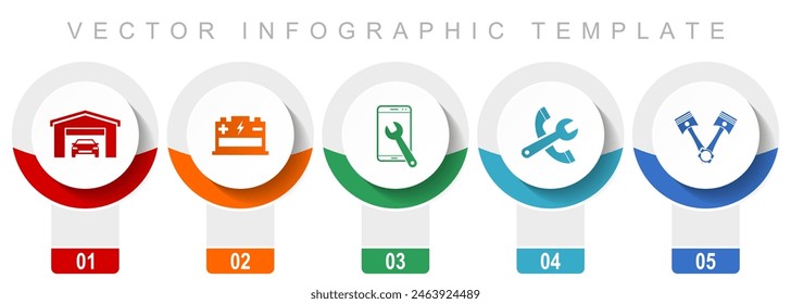 Workshop icon set, miscellaneous vector icons such as pistons, battery, service and tools, modern design infographic template, web buttons in 5 color options