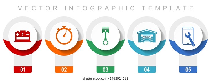 Workshop icon set, miscellaneous vector icons such as battery, timer, piston, car cleaning and phone service, modern design infographic template, web buttons in 5 color options