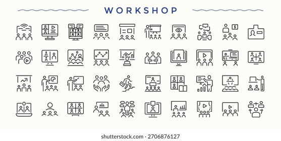 Werkstattsymbolsatz. Gliederungssymbolsammlung. Aktivitätssymbolsatz. Mit lernen, Präsentation, Klasse, Coaching, Sitzung, Konferenz, Beratung und mehr.