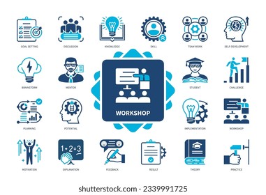 Juego de iconos del taller. Teoría, práctica, fijación de objetivos, explicación, desafío, mentor, motivación. EPS de iconos de trazo editable