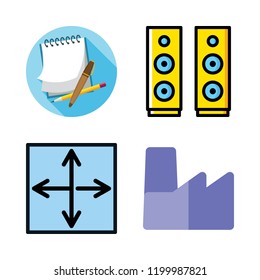 workshop icon set. vector set about notes, speaker, resizing and factory icons set.