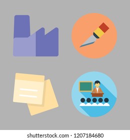 workshop icon set. vector set about cutter, lecture, factory and note icons set.