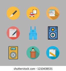 workshop icon set. vector set about lecture, speaker, overall and car repair icons set.