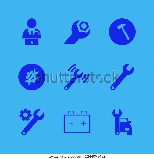 workshop icon. workshop vector icons set car\
battery, public speaker, wrench and\
hammer