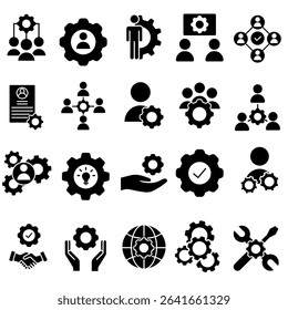 Workshop icon vector set. Developer illustration sign collection. Engineering symbol. Teamwork web icons. Containing repair, service center, team building, coaching, meeting and more.