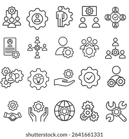 Workshop icon vector set. Developer illustration sign collection. Engineering symbol. Teamwork web icons. Containing repair, service center, team building, coaching, meeting and more.