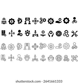 Workshop icon vector set. Developer illustration sign collection. Engineering symbol. Teamwork web icons. Containing repair, service center, team building, coaching, meeting and more.