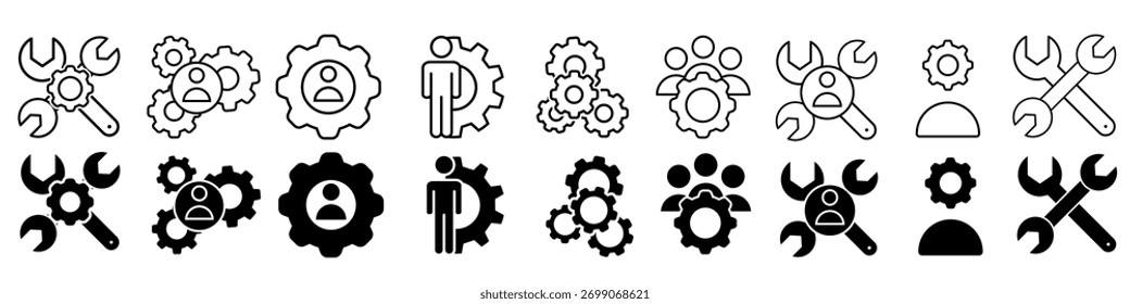 Conjunto de vetores de ícone da oficina. Coleção de sinais de ilustração do desenvolvedor. Símbolo de engenharia. Ícones da Web do Trabalho em equipe. Contendo reparo, centro de serviços, construção de equipe, treinamento, reunião e muito mais.