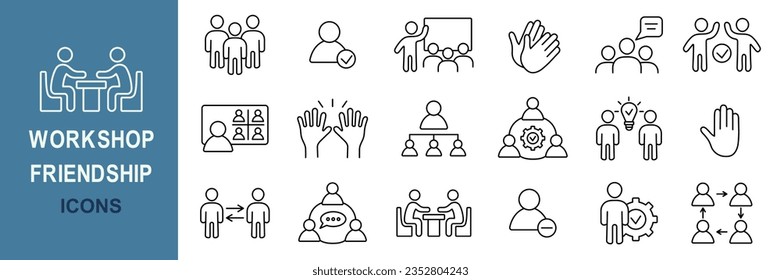Workshop icons. Friendship set. Team building, collaboration, teamwork, coaching. - Shutterstock ID 2352804243
