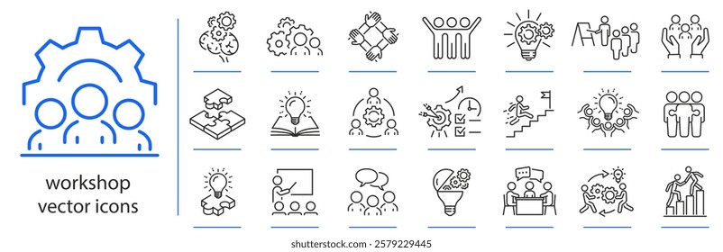 workshop icons, icon set of teamwork with coaching, training, meeting, simple symbols, linear vector illustration, outline editable stroke